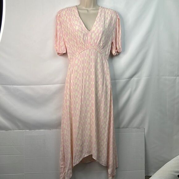 Club Monaco pink and cream check puff sleeve midi dress size 2 - Picture 3 of 12